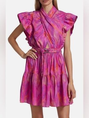 $495 Derek Lam 10 Crosby Finn Ruffle Wrap Dress, Fuchsia Multi Size 2 NWT